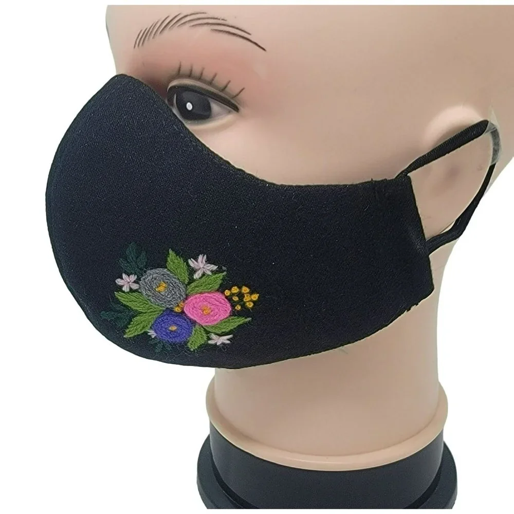 New Face cover ear loop black Mask Women's Embroidered handmade bouquet flower
